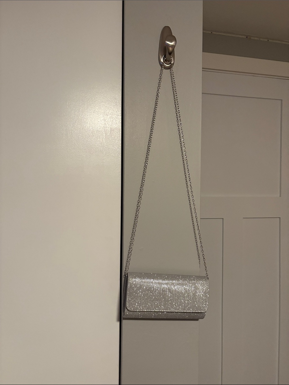 Silver Glitter Chain-Strap Evening Clutch